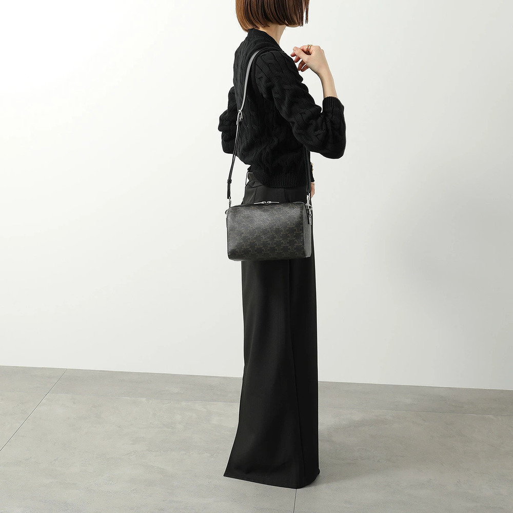 Celine Triomphe Shoulder Bag Boston Crossbody Calfskin Leather Black